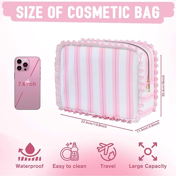 Stripe Ruffle Makeup Bag,Large Travel Cute Cosmetic Bag for Women Girls,Toiletry Bag Make up Organizer 11.8 x 4.7 x 9 inch (Pink Stripe)