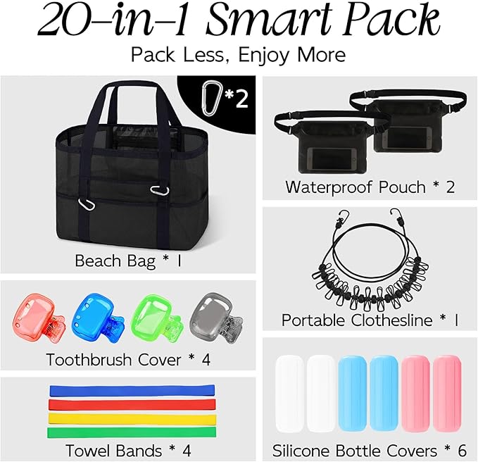 XX-Large Mesh Beach Bag Tote - 9 Pockets for Family Travel/Vacation & Beach Essentials, Foldable & Lightwiht