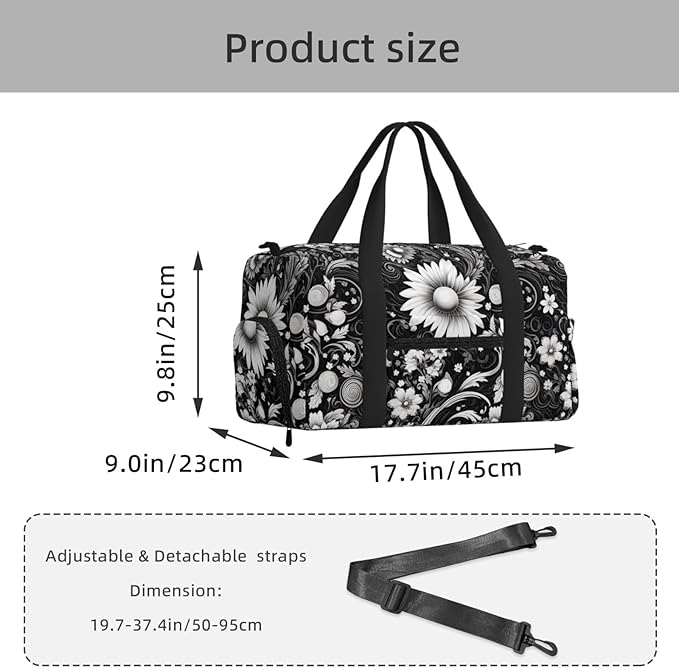 Black White Flower Sketch Sports Gym Bag For Men Women Travel Duffel Bag With Shoe Compartment Water Resistant Gym Bag Carry On Duffel Bag For Yoga Gym Sports Weekend Traveling