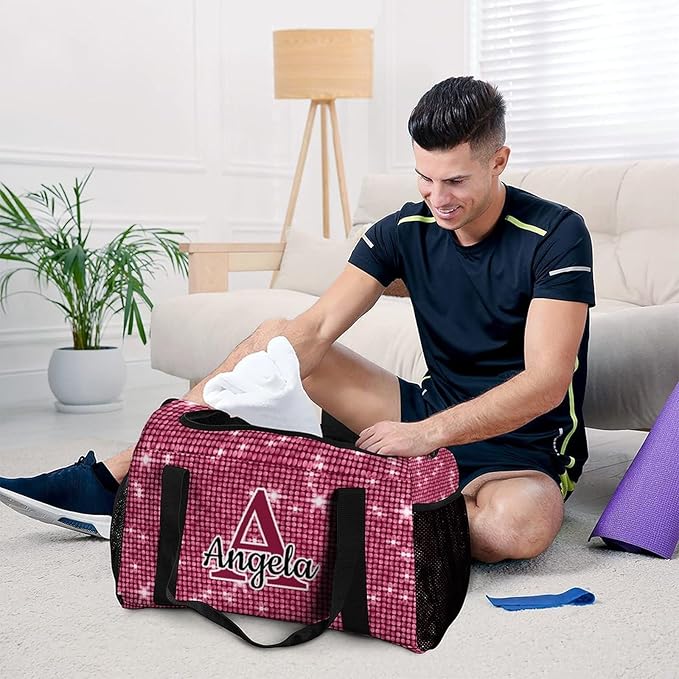 Pink Sparkly Print Personalized Duffel Sports Bag with Name Custom Weekender Overnight Bag Gym Bag Travel Duffel Bag
