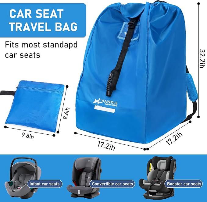 Car Seat Travel Bag for Airplane, Large Waterproof Car Seat Bags Fits Most Infant Car Seats, Convertible Car Seats, Booster Seats, Car Seat Bases, Adjustable Shoulder Strap, Blue
