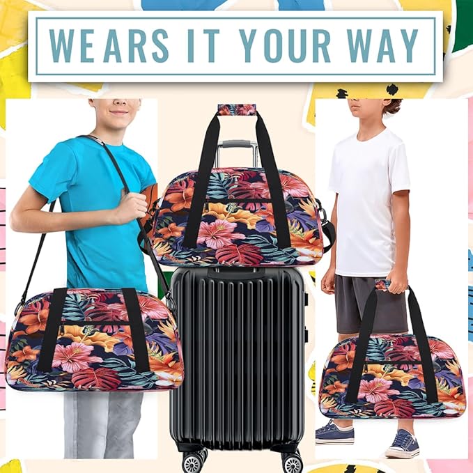 Travel Duffle Bag, Navy Tropical Flower Waterproof Weekender Overnight Bags for Women Men Lightweight Carry on Duffle Gym Bag for Travel, Sports, Fitness, Workout