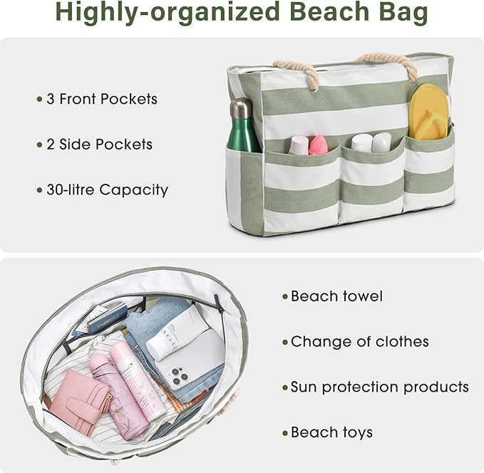 Becokan Beach Bags for Women Canvas Large Beach Tote Bag Zipper Waterproof Sandproof Foldable Swim Pool Bag with 7 Pockets