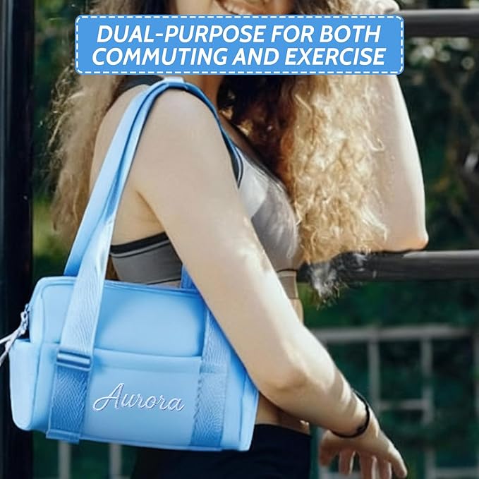 Personalized Mini Gym Bag for Women, Custom Embroidered Name Yoga Tote, Waterproof PU Fitness Duffle with Wet Compartment (blue duffle bag)