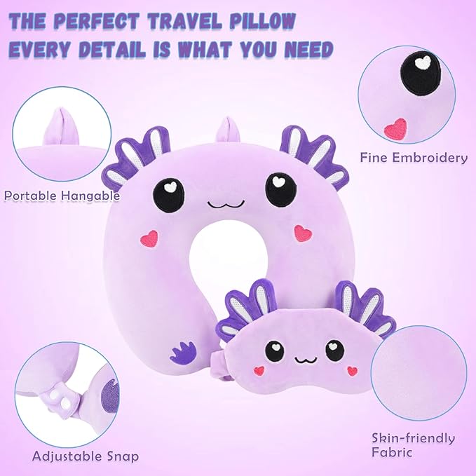 Travel Pillow, Kids Travel Pillow with Sleep Eye Mask Soft Memory Foam Kids Neck Pillow for Boys & Girls, Travel Accessories for Car Airplane Traveling - Purple Axolotl