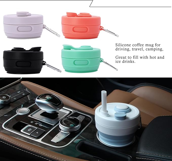 Silicone Coffee Mug Collapsible Cups for Camping Folding Travel with Straw Reusable Portable Drinking Cups Outdoor Hiking 450ml (Purple-450ml, 1)