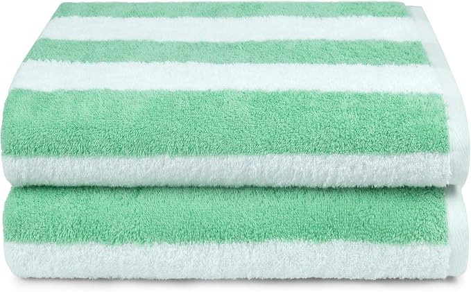 Amazon Basics 100% Cotton Terry Beach Towel, Soft & Absorbent, Quick Drying, Cabana Stripe, Large 30" x 60", Green, 2-Pack