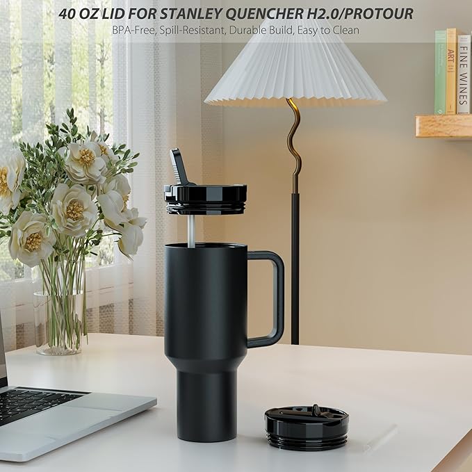 1 Pack Replacement Lid for Stanley 40 oz Quencher H2.0 & ProTour, Flip Straw Tumbler Lid for Stanley Cup, Leakproof, No Spill & Easy to Use Reusable Tumbler Cover (Balck-1P)
