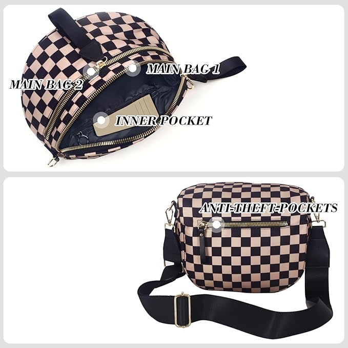 Checkered Crossbodys Bag Bum Bag for Women, Spacious Sling & Stylish Bum Bag for Travel, Concerts, Festival, Nylon Fanny Pack Belt Bag
