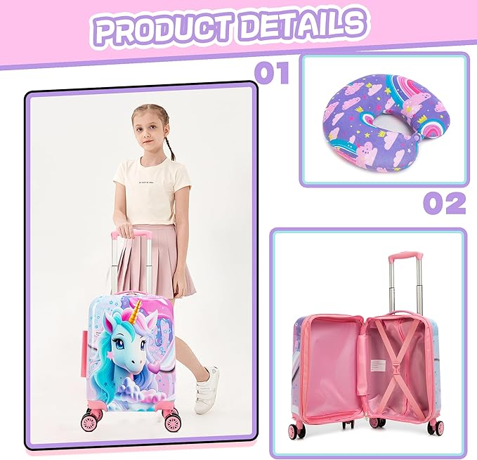 Cute Unicorn Kid’s Luggage Set 2 Piece Suitcase Set 16" Hardside Luggage with Spinner Wheels Girls Carry on Toddler Travel Rolling Luggage Airline Approved