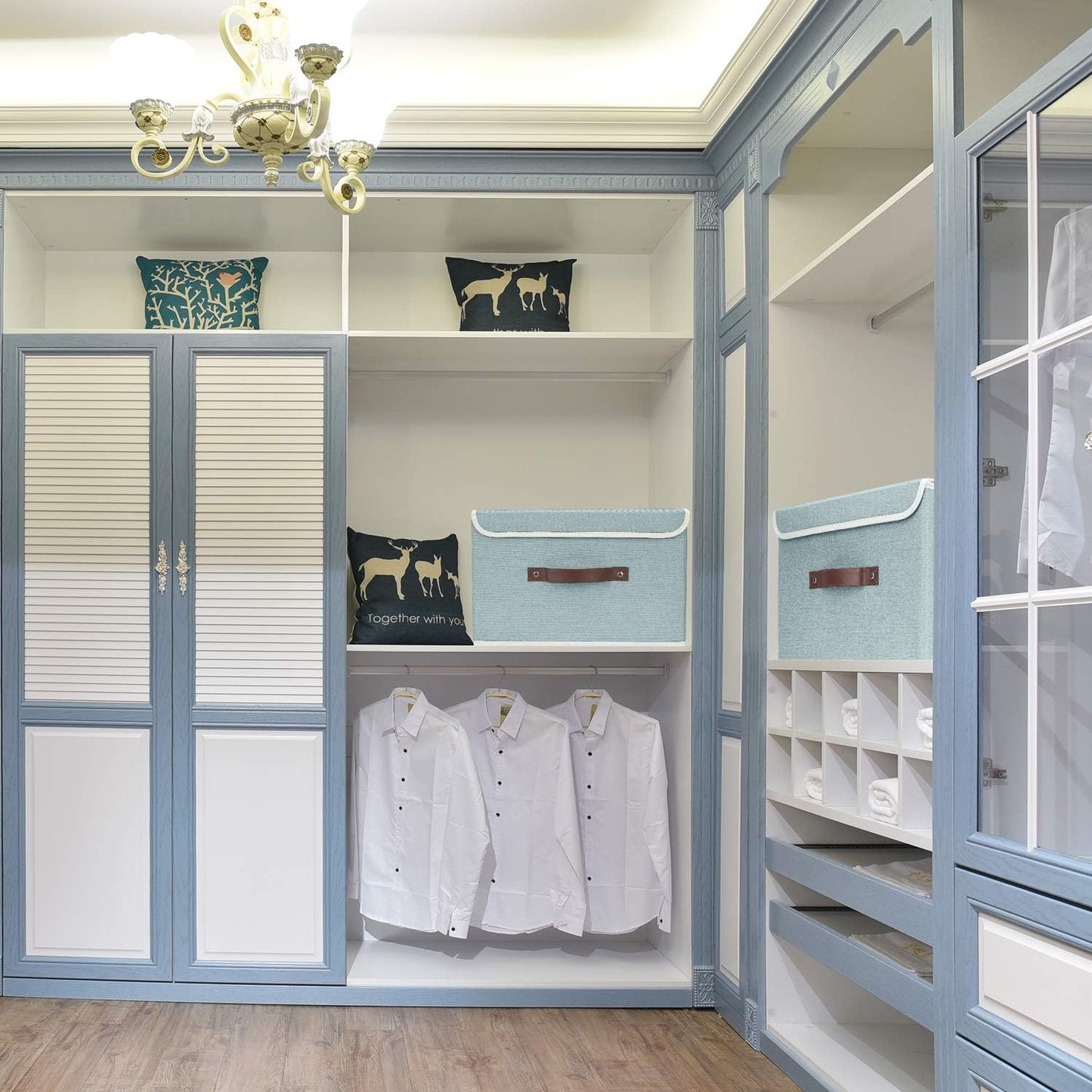 TYEERS Collapsible Storage Boxes, Washable Fabric Storage Bins with Lids, 14.9x9.8x9.8 inches, 3 Pack, Aqua Spring