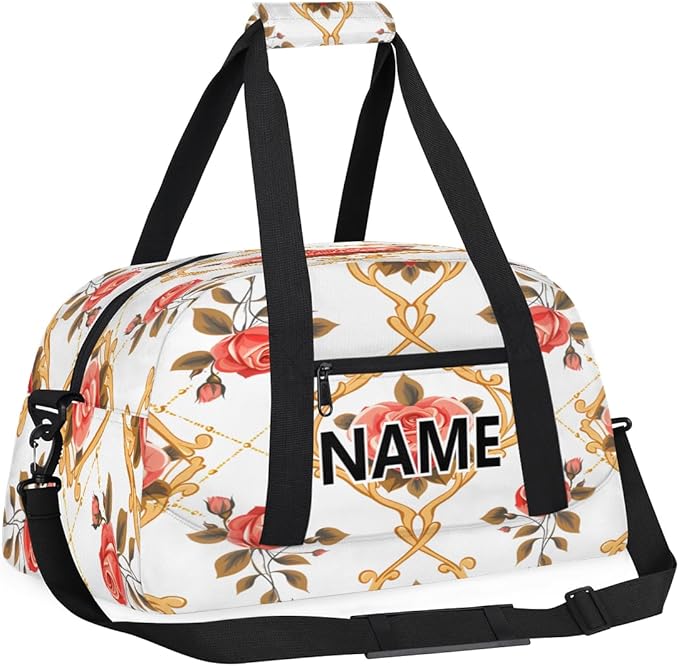 Vintage Floral Mini Gym Bag 18 inch for Women Men Waterproof Custom Pink Rose Travel Duffel Bag Carry On Overnight Tote Nurse Bag for Work Fitness Hiking