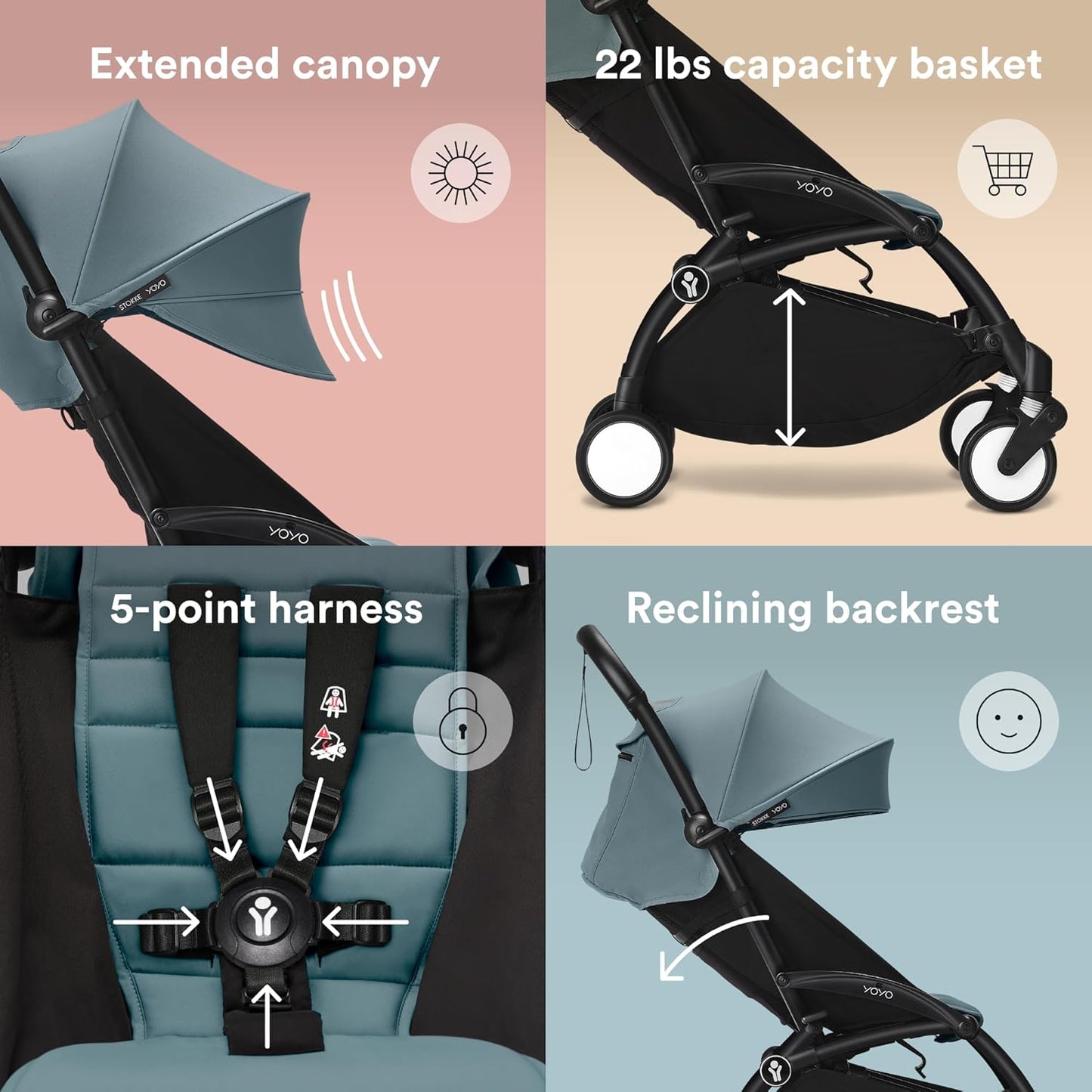 Stokke YOYO3 Stroller from 6 Months - Includes Black Frame/Aqua Seat Cushion + Canopy - Folds in & Out in a Flash - Light & Compact - Carry-On Compatible