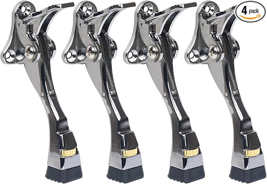 4 Packs Heavy Duty Kickdown Door Stopper, One Touch Adjustable Kickdown Door Stop for Heavy Doors, 4 inch Metal Door Kickstand with Rubber Tip & Wall Protectors for Wide Doors- Sliver