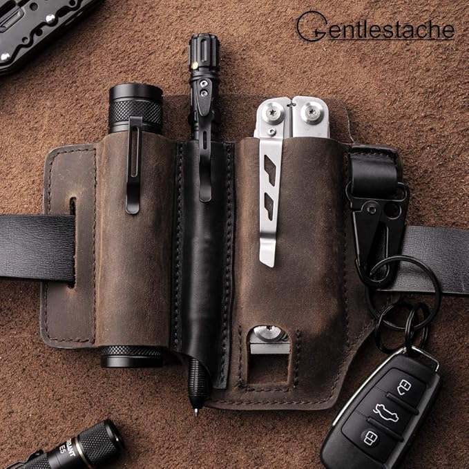 Gentlestache Multitool Sheath for Belt, Leatherman Sheath for Men, Leather EDC Pocket Organizer with Pen Holder, Key Fob, Flashlight Sheath, EDC Leather Pouch Darkbrownn