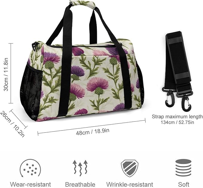 Scottish Thistles Flower Duffle Bag Gym Bag for Workout Travel Tote with Detachable Straps
