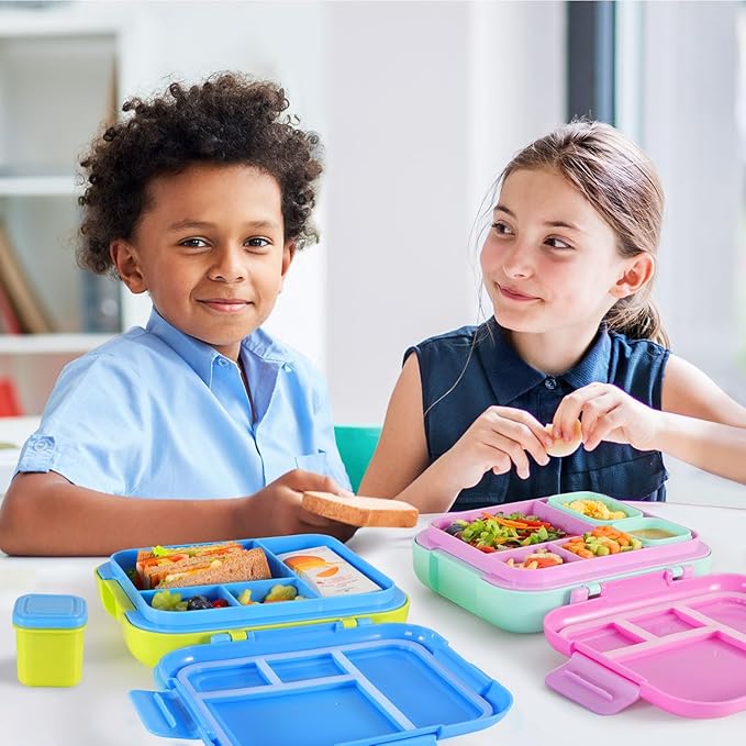 Caperci Bento Lunch Box for Kids - Large 4.8 Cups Lunch Container with 2 Modular Containers - 4 Compartments, Leak-Proof, Portable Handle, Microwave/Dishwasher Safe (Blue/Juicy Pear)