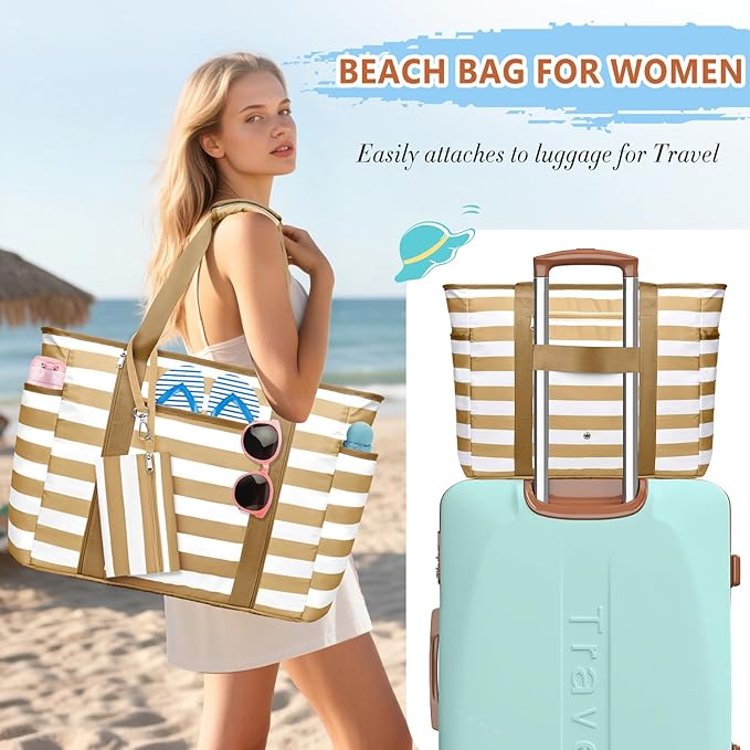 Extra Large Beach Bags for Women, Waterproof Sandproof Beach Tote Bag Foldable Swim Pool Bag with Zipper and Wet Pocket