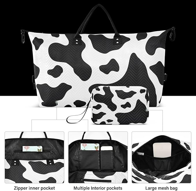 Travel Duffle Bag, Cow Skin Print Gym Bag with Storage Bag Weekender Overnight Bag for Men Women Trip Sports Yoga