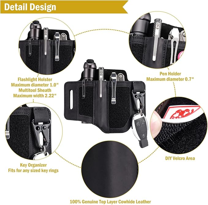 VIPERADE PL3 Multitool Sheath, Leather Sheath with DIY Patch Area, EDC Pocket Organizer for Men, Leatherman Sheath Flashlight Holder with Pen Holder, EDC Belt Organizer with Key Holder (A-Black)
