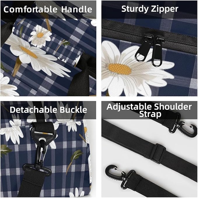 Sports Duffel Bags, Daisy Navy Plaid Water-Resistant Gym Duffle Bag for Men Women, Lightweight Weekender Overnight Bag for Fitness, Workout, Travel