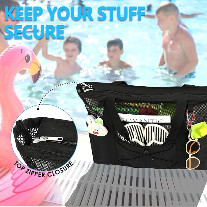 Mesh Beach Bag, Large Beach Tote with Zipper Pocket, Toys Pool Bag for Family Travel Vacation Cruise Essentials