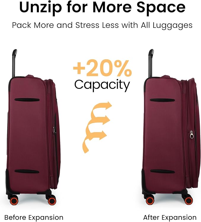 28 inch Luggage with Spinner Wheels,Large Softside Expandable 20% Checked Luggage w/TSA LOCK,Lightweight Durable Rolling Luggage for Men/Women（Burgundy,28in）