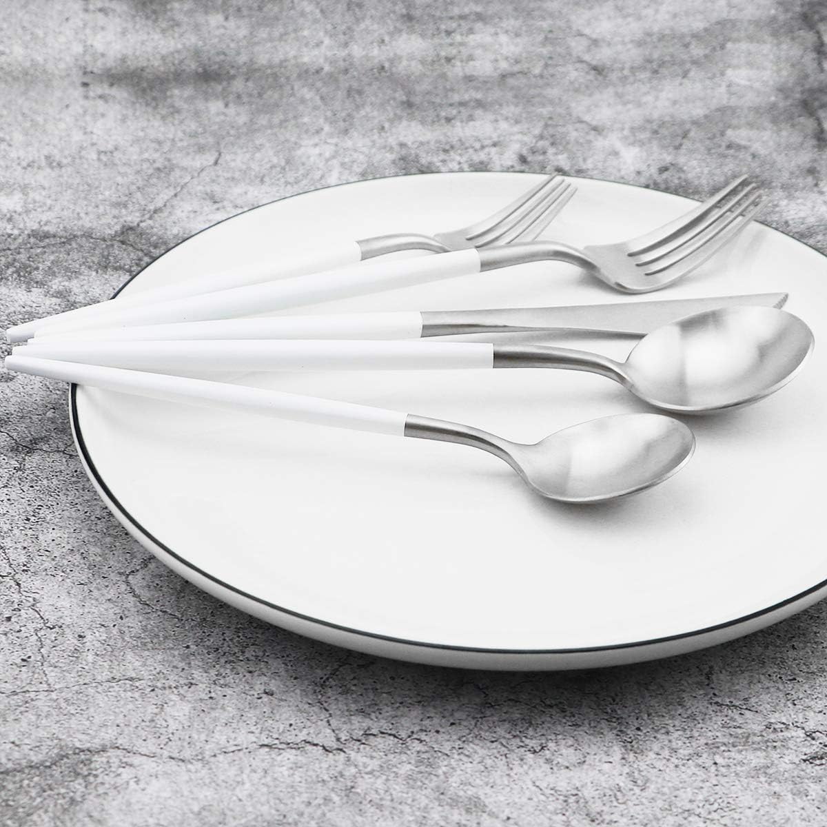 Gugrida 20-Piece 18/10 Stainless Steel Flatware Silverware, Luxury Dinnerware Set Travel Cutlery Tableware Include Knife Fork Spoon Service for 4, Dishwasher Safe (White Handle Matte Silver)