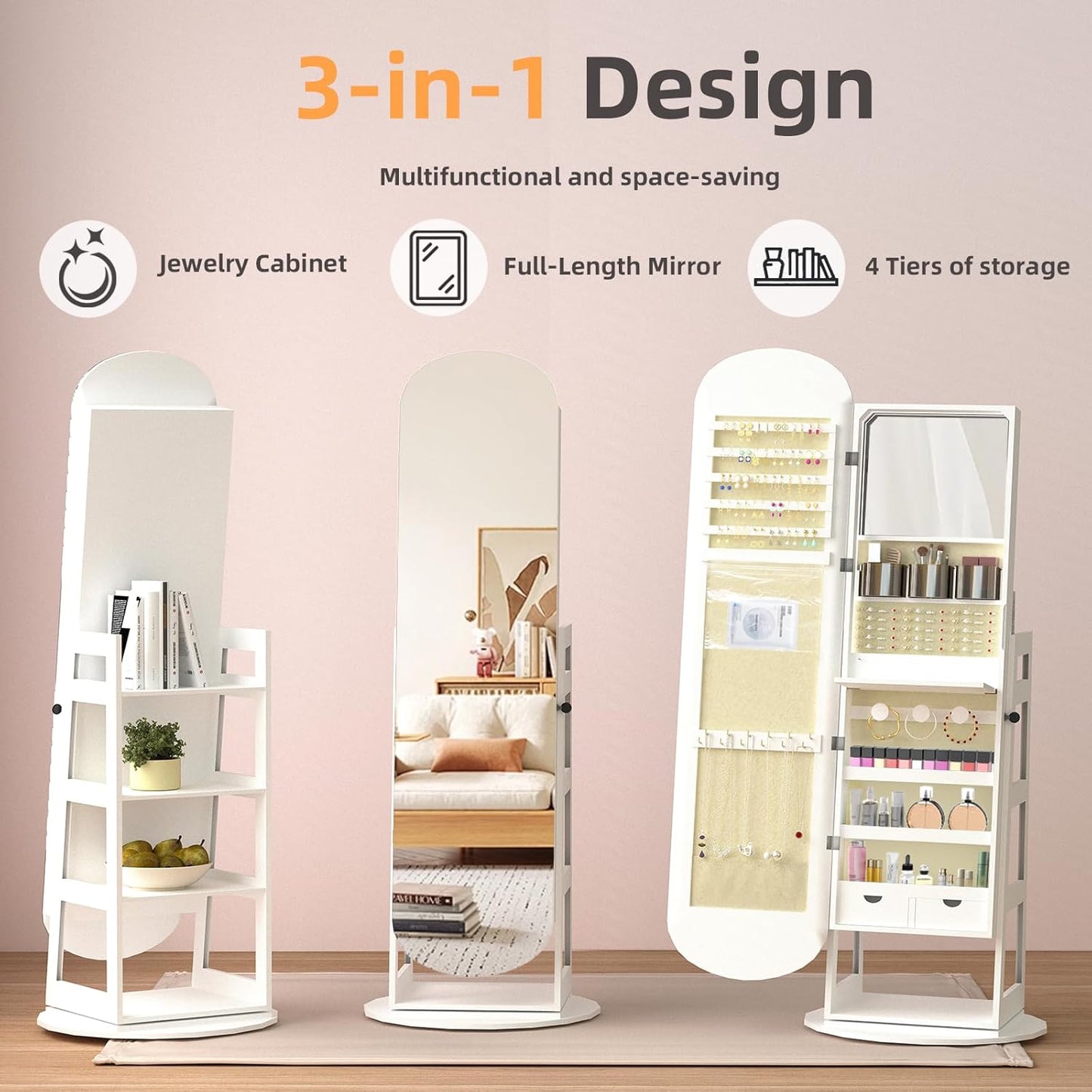 RQZ 8 LEDs Jewelry Cabinet Armoire Standing, 360° Swivel Jewelry Organizer, Lockable Jewelry Storage with Rounded Wide Full-Length Mirror, 4 Storage Shelves, Interior Mirror (61.4" H)