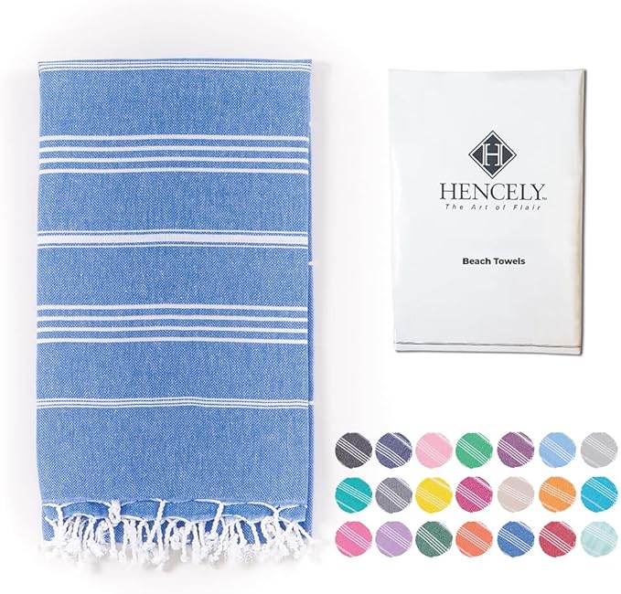 Hencely Turkish Beach Towel 37x68 Oversized, Sand-Free, Quick-Dry, Lightweight - Travel Essential for Pool & Bath - Striped 100% Cotton Bathroom Towels Accessories Gift (Blue)