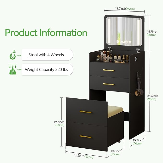 HNEBC 3 in 1 Vanity Desk with Plip Top LED Mirror,Small Dressing Table Set with Visible Glass Desktop,Compact Vanity with 3 Drawers,Storage Compartment and Padded Stool,for Bedroom(Black)