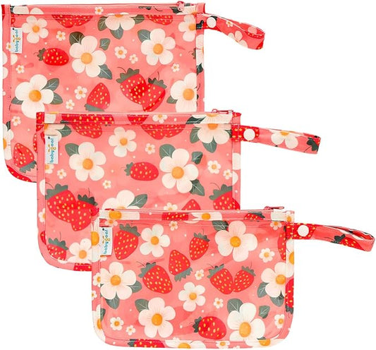 babygoal Clear Travel Organizer Bags 3 Pack, TSA Approved Mess-Proof Pouches with Snap Handle, Water-Resistant Toiletry Essentials for Baby & Mom (Strawberry)