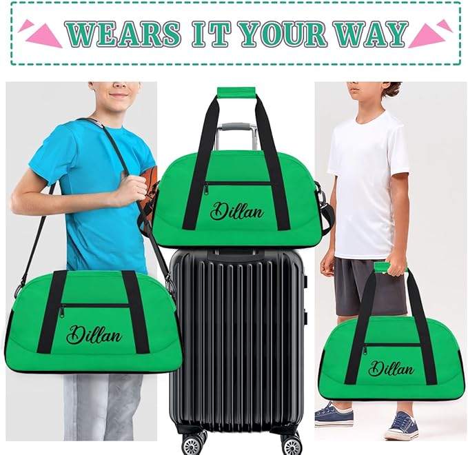 Custom Name Gym Duffel for Kids,Personalized Sports Bag Lightweight Gym Bags for Boys & Girls,Fitness Travel Weekender for Travel, and Workout Green