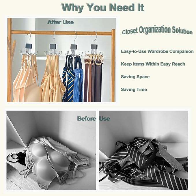 4 Pack Tank Top Hanger,Bra Hanger for Closet Organizer,Wooden Bra Storage Organizer with 8 Rotatable Metal Hooks for Space Saving,Foldable Bras Holder for Belts,Tank Tops,Ties(Black)