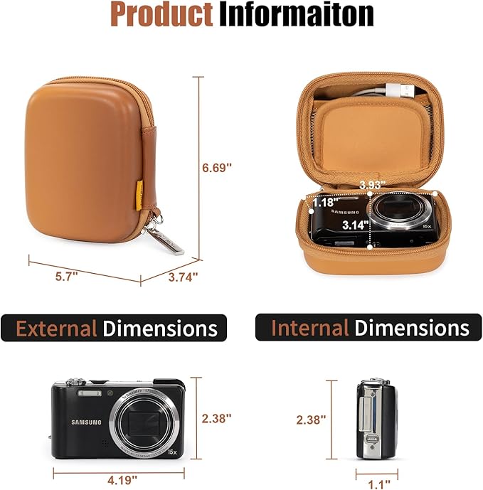 Cwatcun Carrying & Protective Case for Digital Camera, Small Camera Pouch for AbergBest 2.7" LCD Kodak Pixpro/Canon PowerShot ELPH 180/190 / DSCW830 Travel Cameras, Water-resistant Case -BROWN