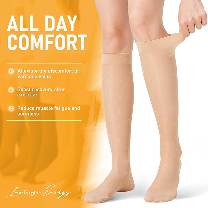 2 Pairs Sheer Compression Socks for Women - 15-20 mmHg Knee High Sheer Compression Stockings for Support Circulation Swelling Edema Work Office Travel, Dot, Medium