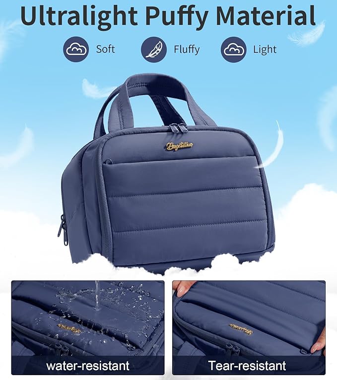 Travel Toiletry Bag for Women, Lightweight Large Quilted Puffy Makeup Bag Wide-open Make up Organizer Cloud Cosmetic Bag w/Handle for Traveling Toiletries Essentials Accessories Navy Blue