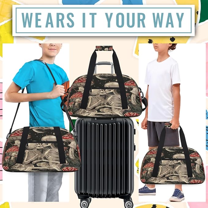 Travel Duffle Bag for travel duffle bag sports Girls Boys Kids Halloween Skull Mushroom Lightweight Overnight Sleepover Weekender Bags Small Dance Gym Sport Bag Teens Carry-On Size Workout Bag
