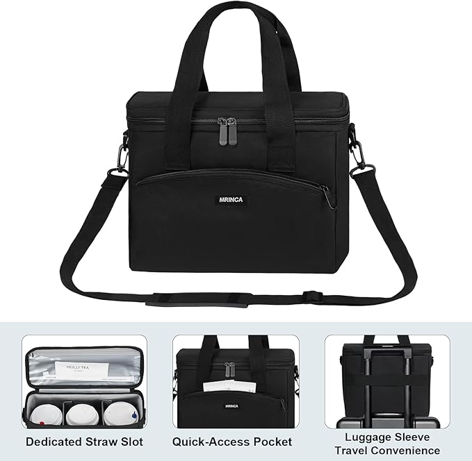3 Cup Reusable Insulated Drink Carrier, Collapsible & Portable with Leak-Proof Design, Adjustable Dividers & Luggage Strap, Beverage Caddy Holder for Travel, Delivery, Commute