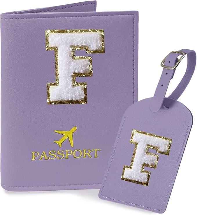 COSHAYSOO Purple Passport Cover and Luggage Tag Set TSA Approved with Her Initial Chenille Letter Patch, Monogrammed Travel Bag Backpack Suitcase Identifier Gifts for Mom Women Teacher (F)