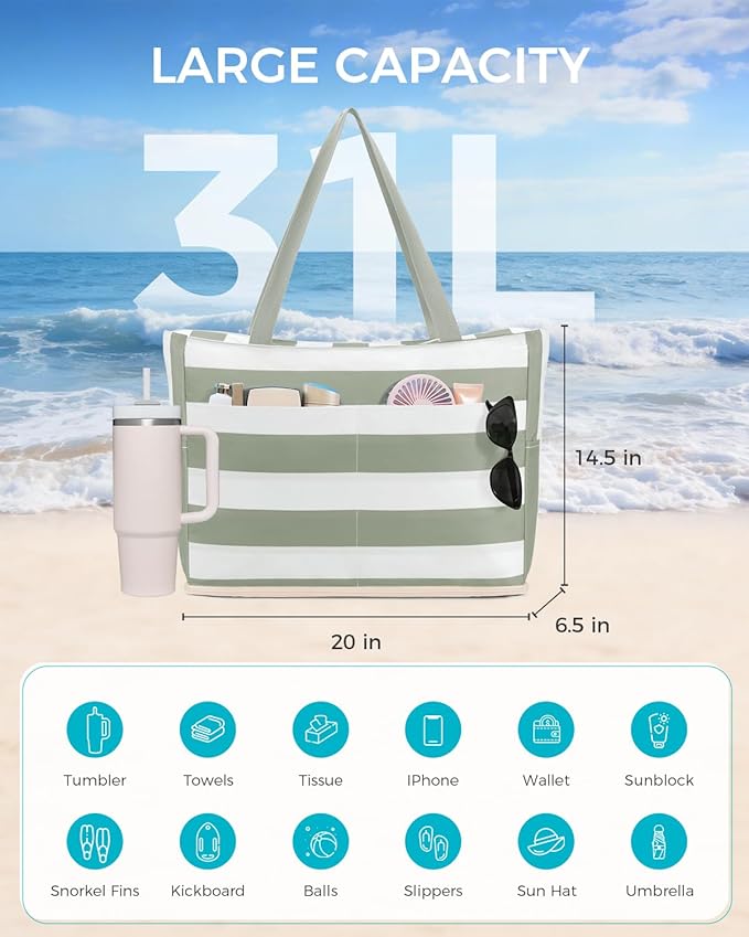 WANDF Beach Bags for Women, Large Waterproof Sandproof Beach Tote Bag with Zipper Family Pool Bags with 40oz Tumbler Pocket, Swim Cruise Vacation Essentials (Green) | 40oz Tumbler Pocket