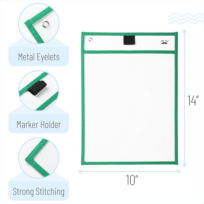 Mr. Pen- Dry Erase Pocket Sleeves, 6 Pack, 10"x14", Mint Melody Color Theme, Dry Erase Pockets Reusable Sleeves, Job Ticket Holders with Marker Holder & Metal Eyelet