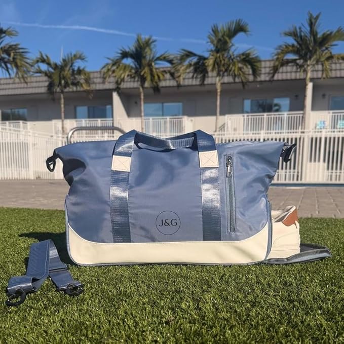 J&G Waterproof Gym Duffel Bag – Lightweight Travel & Sports Bag with Shoe Compartment and Wet Pocket for Men & Women – Carry-On Weekender for Gym, Beach, Trips – 8 Colors (Blue)