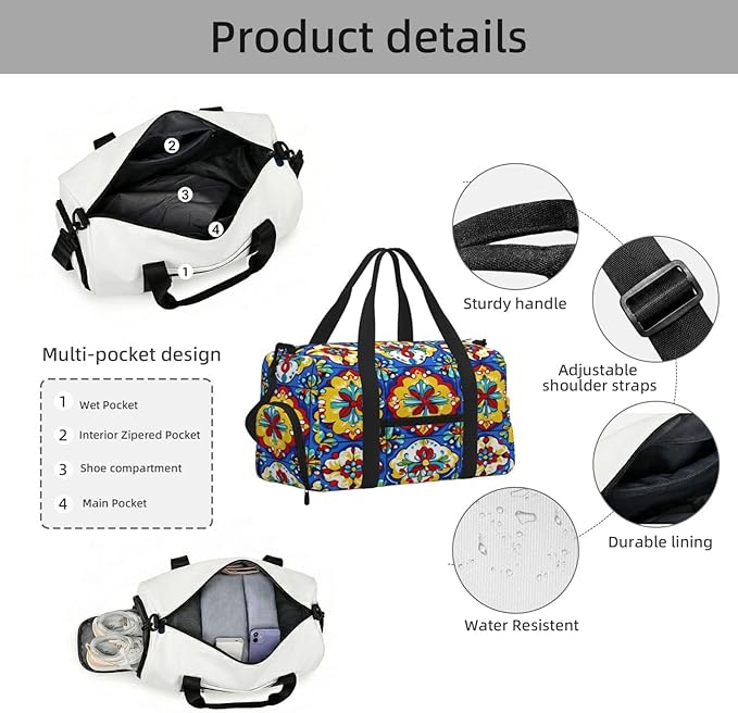 Sports Gym Bag Mexican Talavera Tiles Travel Duffel Bag With Shoe Compartment Shoulder Strap, Lightweight Water-Resistant Weekend Overnight Totes For Women Men