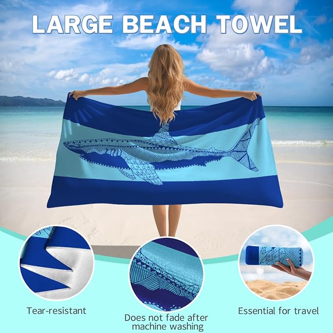 Shark Beach Towel - 30x60 Inch Fast Dry Microfiber Towel, Lightweight & Versatile for Beach, Pool, Yoga, Travel, Ideal as Beach Blanket & Vacation Essential
