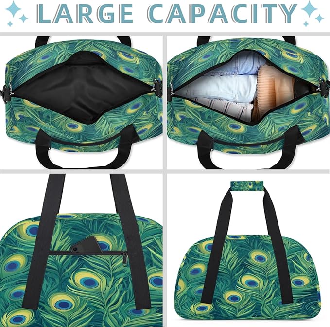 Kids Duffle Bag Girls Boys Green Peacock Feather Eyes Weekender Overnight Bag,Lightweight Duffel Bags for Traveling Gym Sport Dance