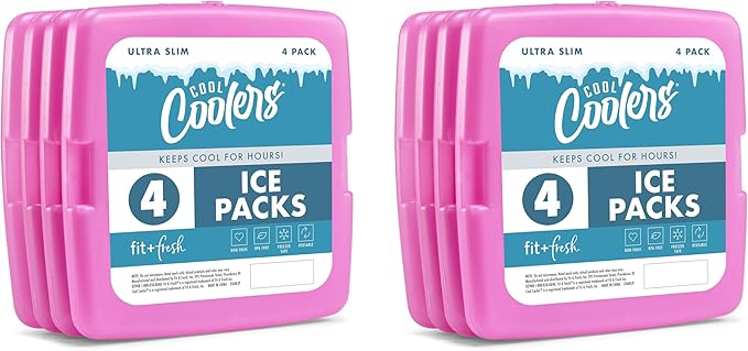 Cool Coolers by Fit + Fresh, Reusable & Long-Lasting Slim Ice Packs, Cold Packs for Lunch Boxes, Ice Packs for Lunch Bags, Purple 8 Pack