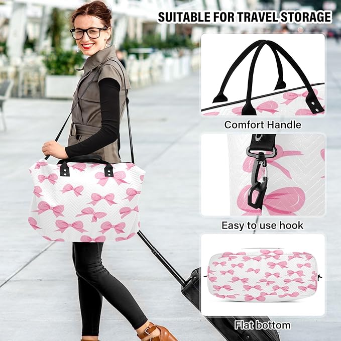 Pink Bow White Background Pattern Travel Duffle Bag Gym Yoga Carry on Bags for Men Women Weekender Bag