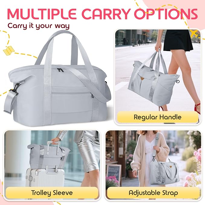 Duffle Bag for Travel, Carry-on Travel Bag with Trolley Sleeve, Sport Gym Bag for Women, Overnight Bag for Men, Hospital Bag for Labor and Delivery (Grey)