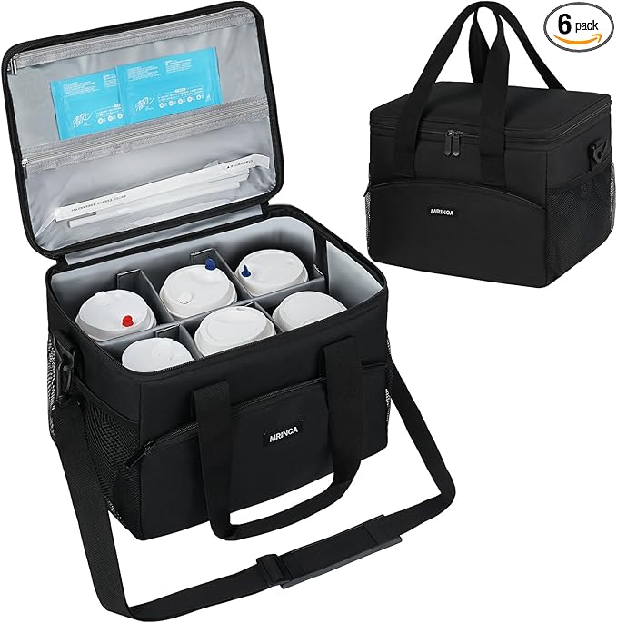 Insulated 6 Cup Drink Carrier Bag for Delivery, Reusable & Leak-Proof Tote with Adjustable Dividers & Detachable Shoulder Strap, for Travel, Takeout, Outdoor Activities
